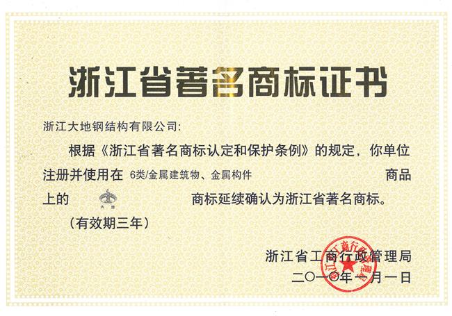 浙江省著名商标证书